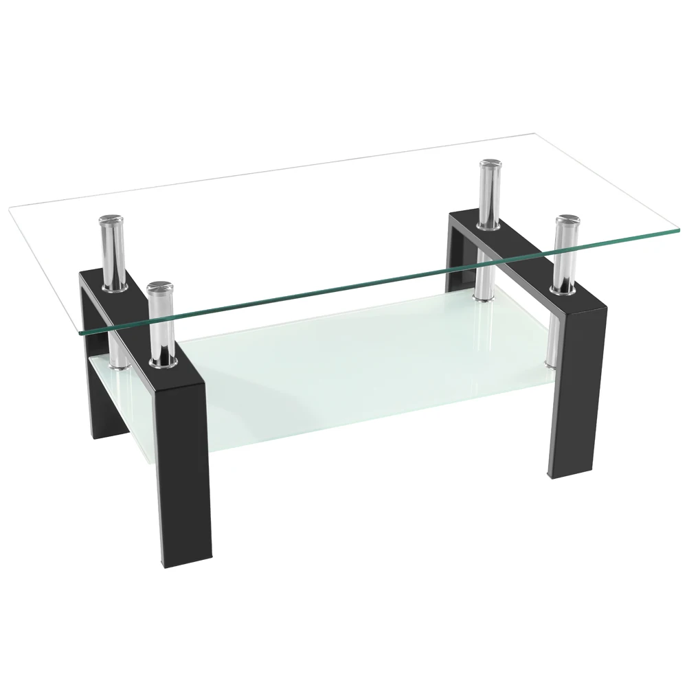 [Flash Sale]Coffee Table Arc Shaped Leg 2-Tiers Tempered Glass Center Table 100x60x43CM Rectangular Desktop Easy Assemble[US-W]