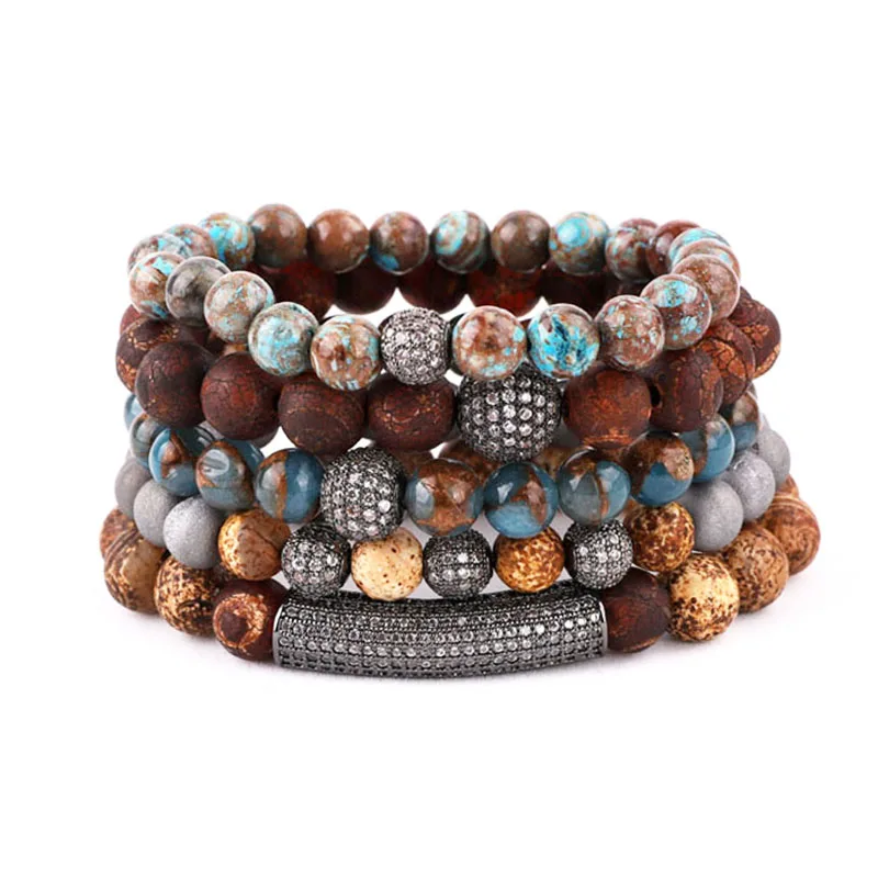 Unique Design Women Bracelet Set Female Natural Stone CZ Pave Charm Beaded Elastic Vintage Bracelet Women Gift