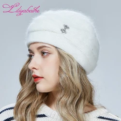 Liliyabaihe  Winter Women Hat Knitted Angora Wool Three-dimensional sewing  double warm Hat Diamond decoration