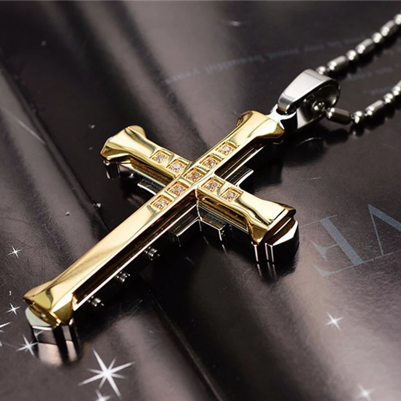 2024 New Male Crystal Cross Jesus Pendant Gold/Black/Blue Color Zirconia   Necklace Stainless Steel Jewelry