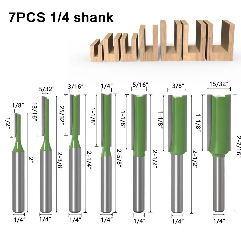 Única dupla flauta reta bit fresa para madeira, carboneto de tungstênio router bit, ferramenta de madeira, 1-7pcs, 6mm, 1/4 \