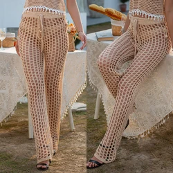 Women Crochet Beach Wide Leg Pants See Through Swimwear Bikini Cover Up Lady Sexy Hollow Out Long Trousers