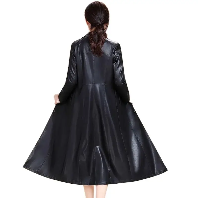 High-end Elegant Women's Leather Jacket Mid-Length Mom Pretends To Be Autumn Winter Models All-Match Loose  Women's Trench Coat