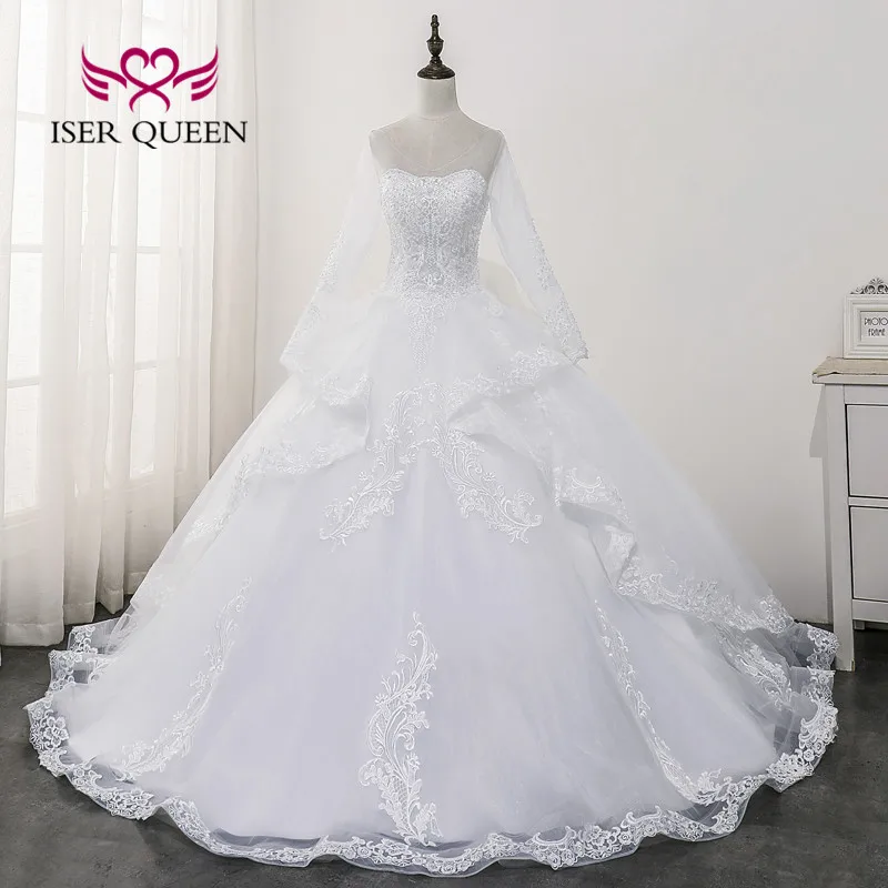 Aangepaste Backless Lange Mouw Trouwjurk Bruid Robe De Mariee Sheer Hals Kant Applicaties Baljurk Trouwjurken WX0175