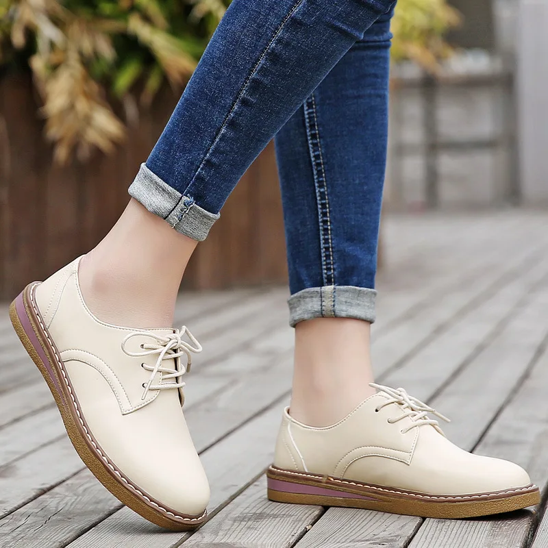 Women Flats New British Style Oxford Shoes Women Casual Lace Up Genuine Leather Flats Shoes Female Sneakers Ladies Shoes