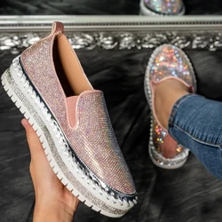 LazySeal Luxury Women Flats Rhinestone Bling Sewing Platform Loafers Slip on Sewing Shallow Fashion Casual Shoes Ladies Footwear