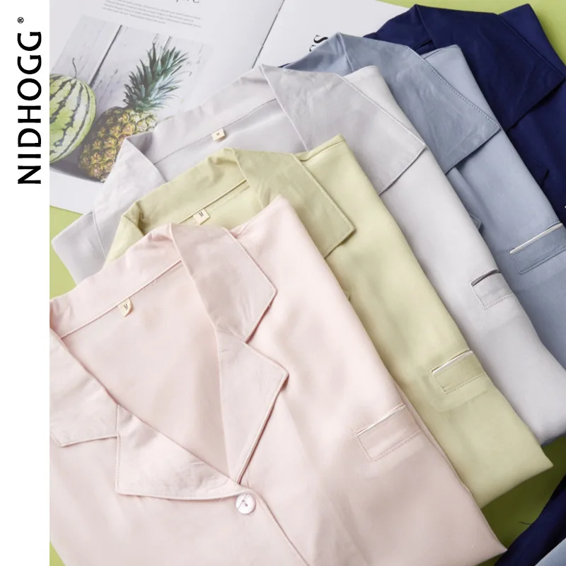 Women\'s And Men Summer Solid Color Short Sleeve Pajama Set Lapel Button Top and Shorts 2-Piece Suit Soft Comfortable Loungewear