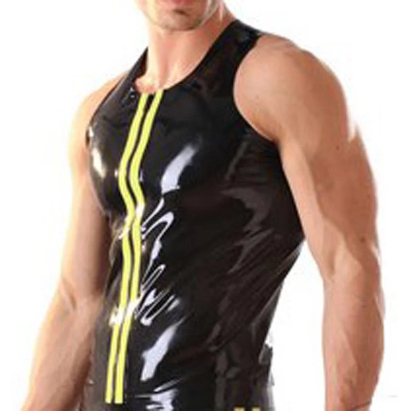 Black And Yellow Trims Sexy Latex Vest Shirt With Round Collar Sleeveless Zipper Front Rubber Clothes YF-0267