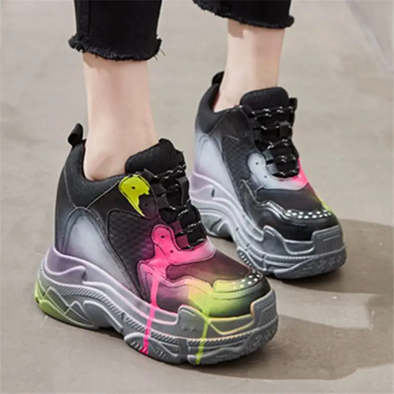 2020 New Fashion Women Real Leather Fashion Sneakers Breathable High Heel Platform Wedge Height Increasing Casual Party Boots