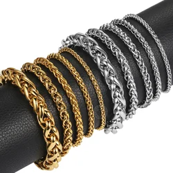 3-10 mm Mens Womens Bracelet Braided Wheat Link Gold Silver Color Stainless Steel Chain Bracelet Jewelry LKB677