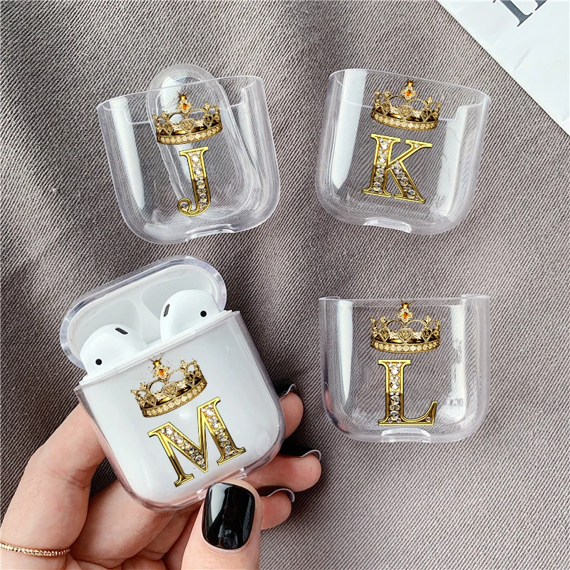 Diamond Crown Letter Airpods Case for AirPods 3 2 1 Pro Soft TPU Transparent Bluetooth Earphone Box Cute A-z Cover