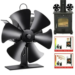 Ventilador de estufa de 6 aspas sin electricidad, sistema de ventilado negro para chimenea, alimentado por calor, quemador de leña, silencioso, control de calor para el hogar