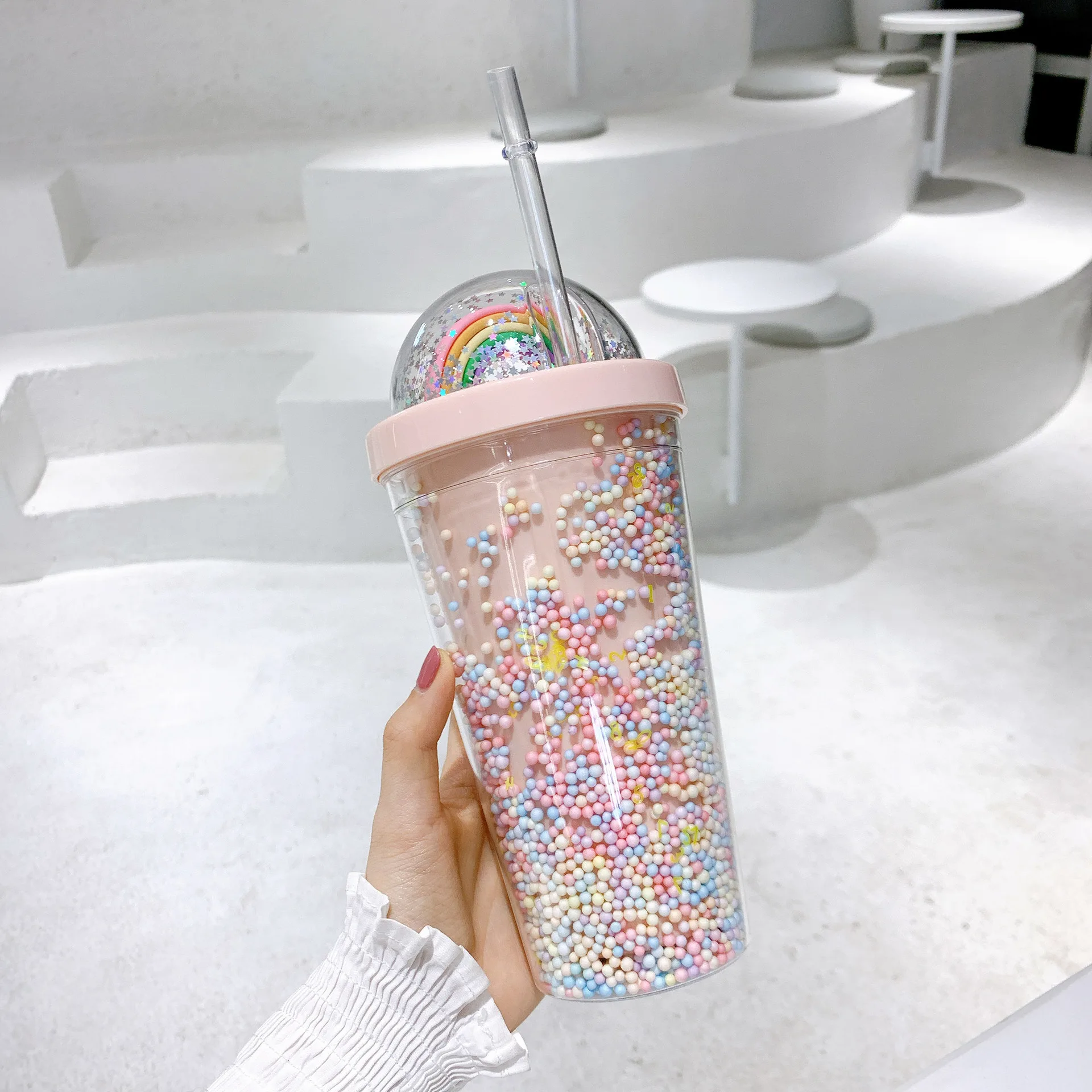 

Plastic cup double layer with straw water cup girls home office breakfast milk juice cup Rainbow foam foam straw cup