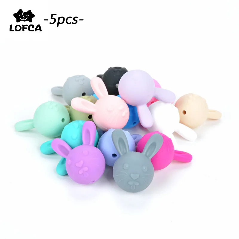 

LOFCA 5pcs Rabbit Silicone Beads Food Grade Baby Teether BPA Free Animal Nursing Necklace Dental Care Baby Teething Toys Pendant