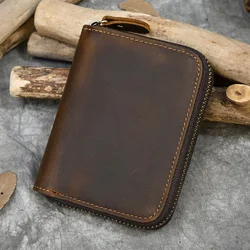 Carteira de couro genuíno de cavalo, bolsa pequena trípla com bolso para moedas