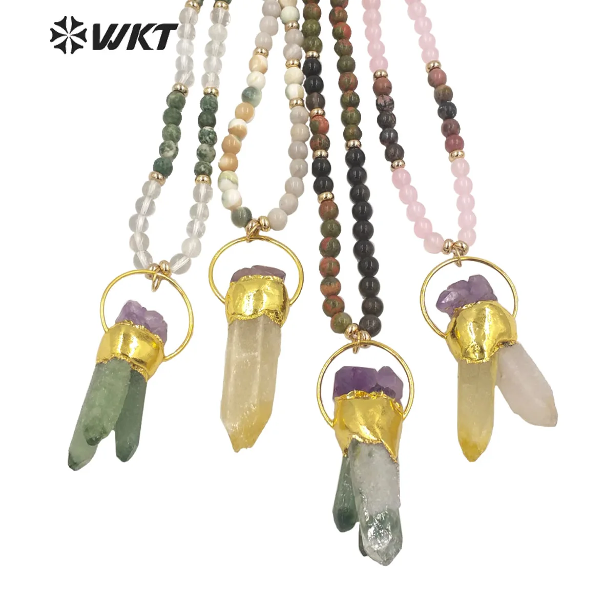 WT-N1340 Gorgeous Healing Stone Point Iiregular Ghost Crystal Citrines with Amethysts Pendants Necklace Gemstones Beads Chain