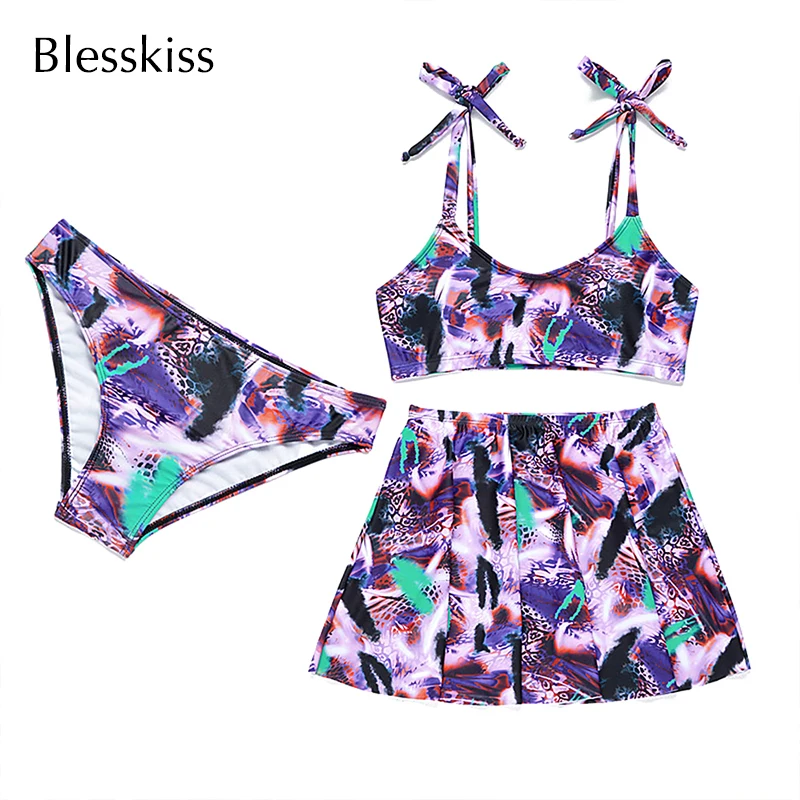 

3 Pieces Swim Bikini Set Women Swimsuit 2021 Printed Tank Top Swimwear Bathing Suit With Bikini Dress