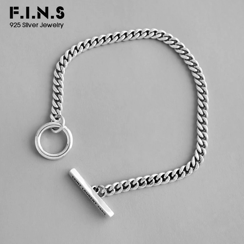 F.I.N.S Korean S925 Sterling Silver Bracelet Retro Old Geometric Circle Bar Link Chain Bracelet Silver Female Costume Jewelry