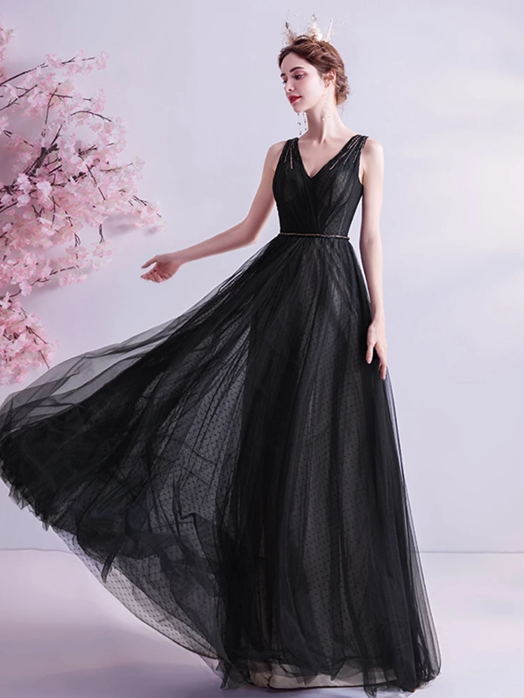 

Dot Tulle Wedding Evening Dresses Party 2021 Sleeveless A-Line Long Sweep Train V-Neck Prom Formal Elegant Night Gown 036