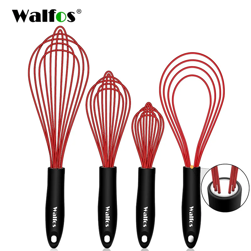 Walfos Silicone Whisk Stainless Steel Wire Whisk Heat Resistant Kitchen Whisks for Non-Stick Cookware Balloon Egg