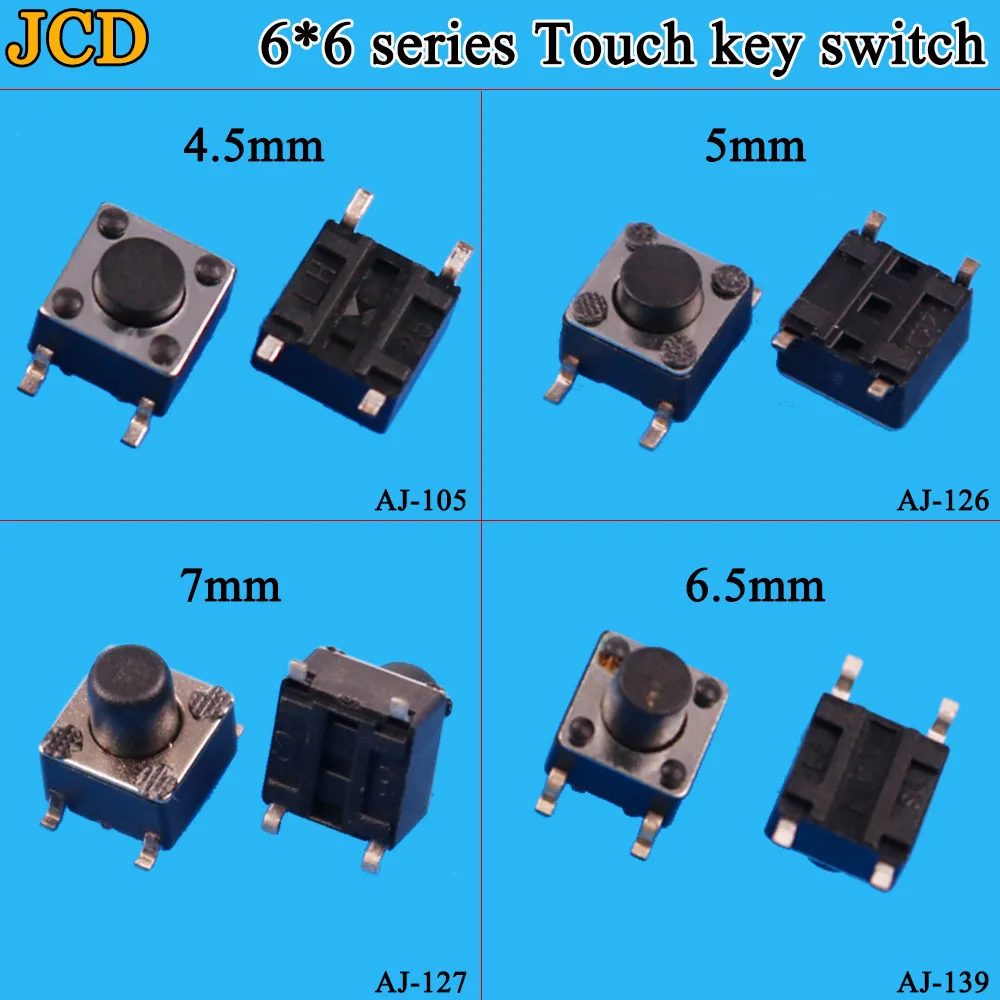 JCD-SMD触覚押しボタンマイクロスイッチ、自己リセットスイッチ、6x6x4.5mm、6x6x5mm、6.5mm、7mm、6x6、4ピン、1個