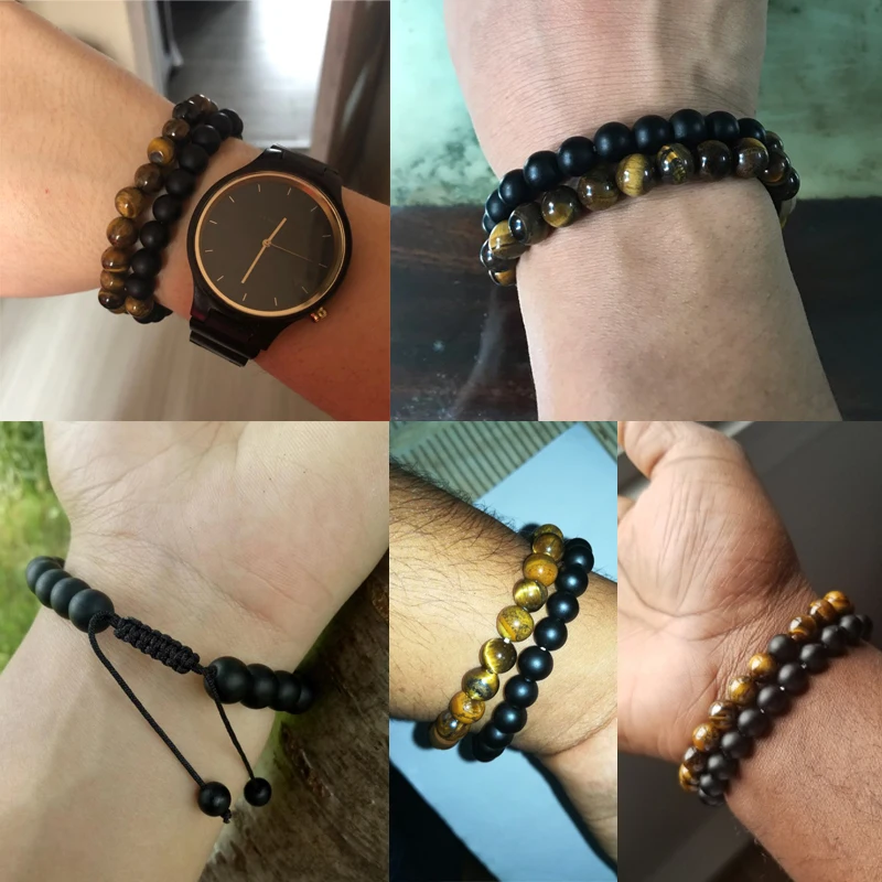 Adjustable 2pcs /set Beads Bracelet Bangles Natural Tiger Eye Stone Bracelets Men Female Jewelry Distance Bracelet Ying Yang Gif