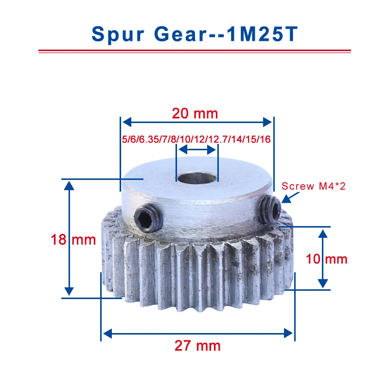 1 Piece 1M25T Spur Gear Bore 5/6/6.35/7/8/10 /12/12.7/14/15/16mm Motor Gear Low Carbon Steel Material metal Gear for motor