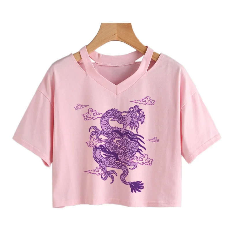 Woman T-shirts Harajuku Dragon print y2k Crop Tops Aesthetic clothing Vintage Tops Punk Streetwear Gothic Tee tshirts size club