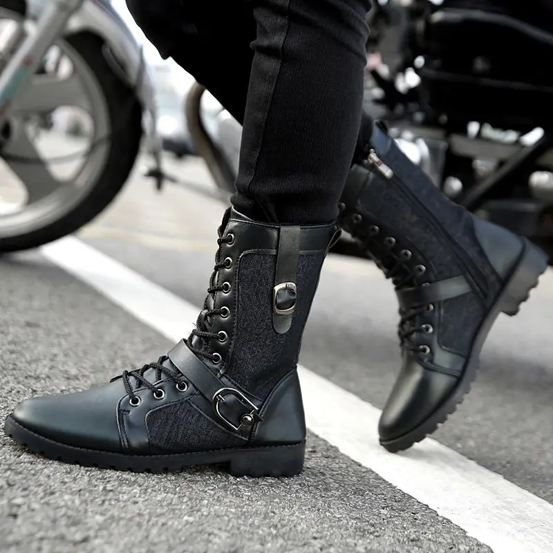 Idopy Men Boots Pu Leather Man Flat Shoes Mid Calf Autumn Winter Male Punk Motorcycle Boots Footwear