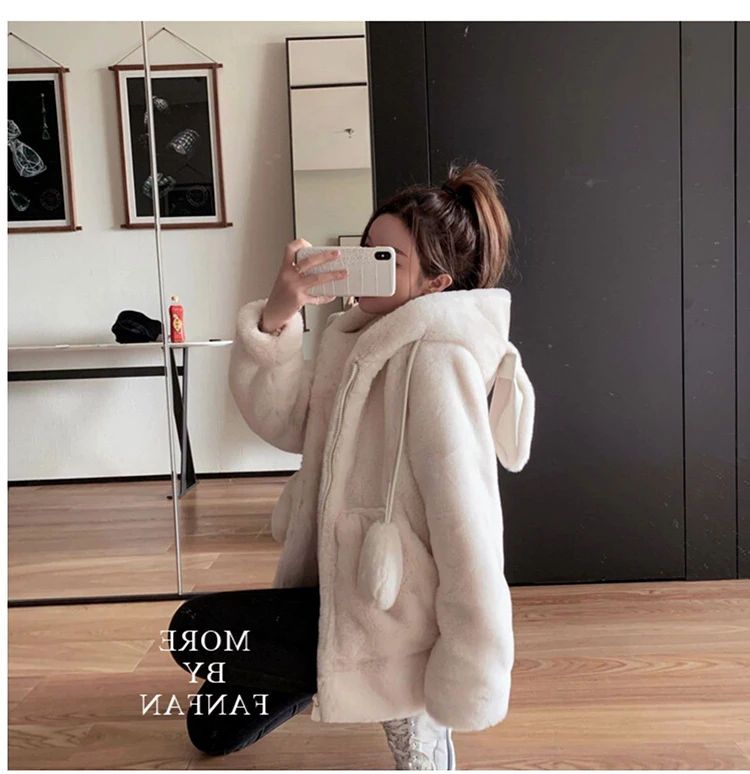 Nerazzurri Spring Fluffy Jacket with Rabbit Ears Raglan Sleeve Zipper Oversize Light Soft Harajuku Kawaii Faux Fur Hoodie 2021