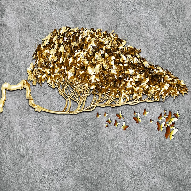 Custom Any Size Mural Wallpaper 3D Stereo Gloden Tree Gold Foil Texture Wallpaper Grey Cement Wall Mural Living Room TV Decor