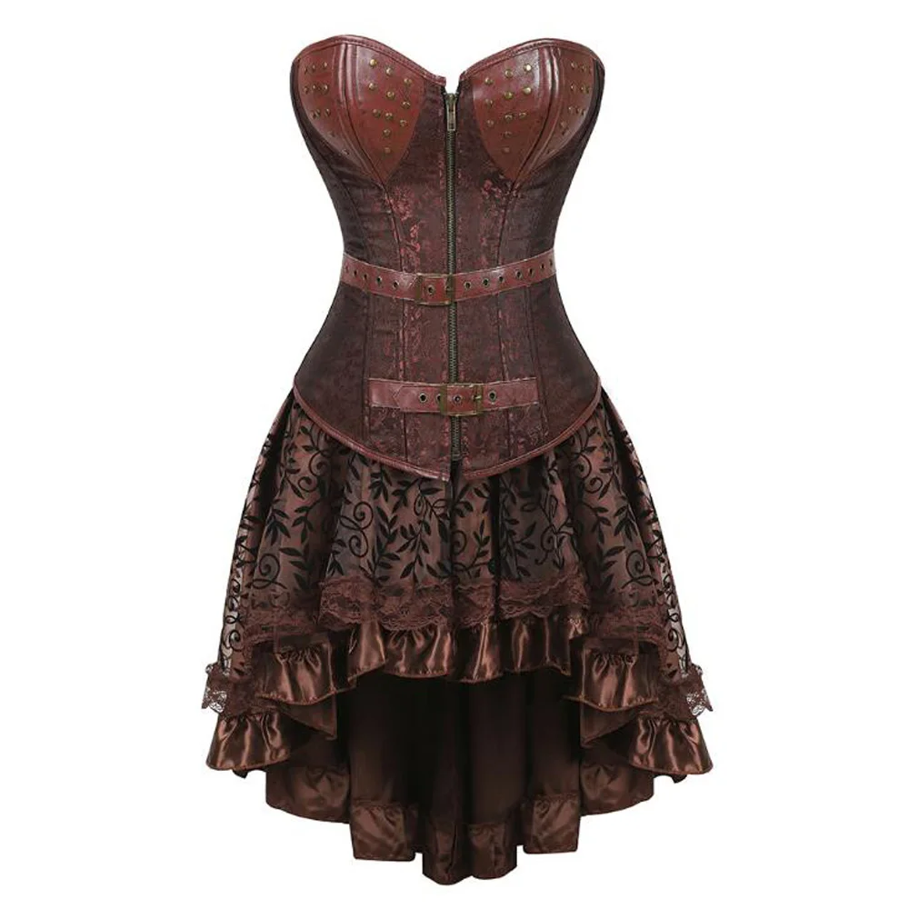 Sexy Gothic Punk Buckles Leather Bustier Corset Dress Women Burlesque Pirate Costume Plus Size Victorian Vintage Retro Dresses