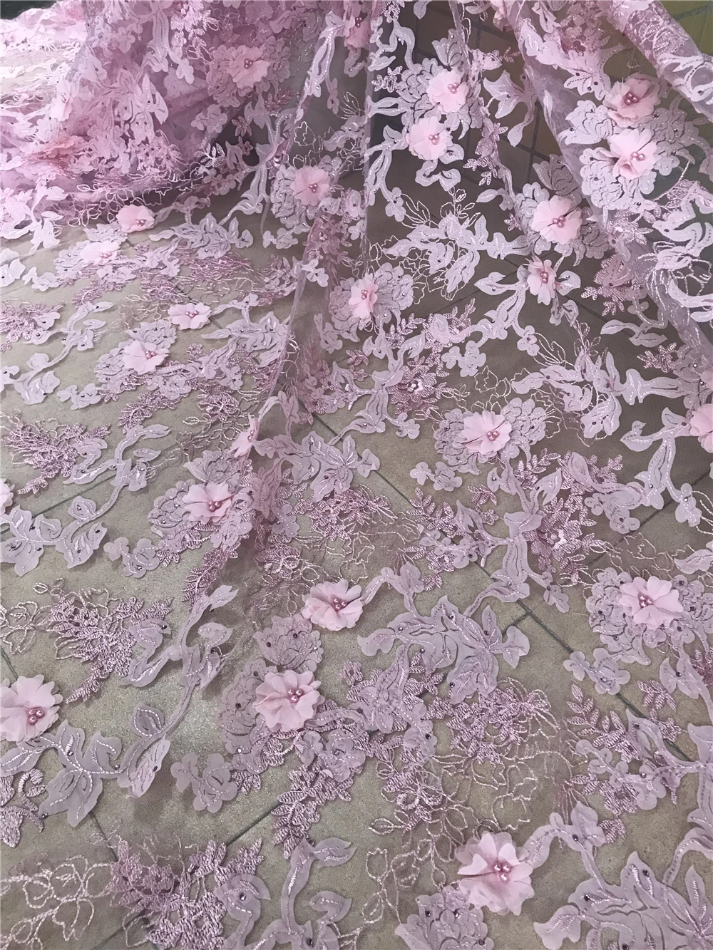 

Latest Lace Fabric Embroidery French Mesh Lace Fabric With 3d flowers with beads L-488882 Nigerian Tulle Lace For Party