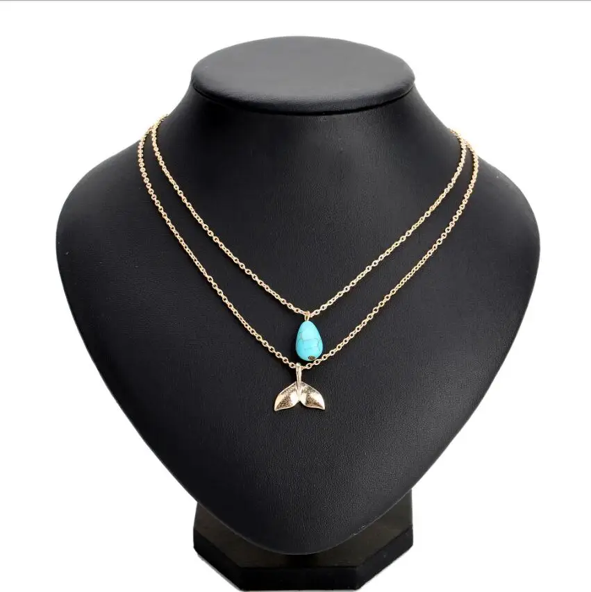 أزياء المرأة مزدوجة الطبقات قطرة الماء الفيروز وذيل حورية البحر قلادة القلائد الذهب سلسلة مجوهرات هدايا S1971 #5