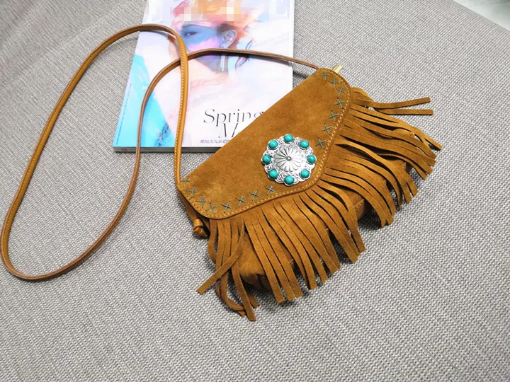 Female Genuine Leather Bohemian Gypsy Handbag 2024 Fashion Natural Suede Fringes Tribal Boho Chic Small Messenger Bag for Women