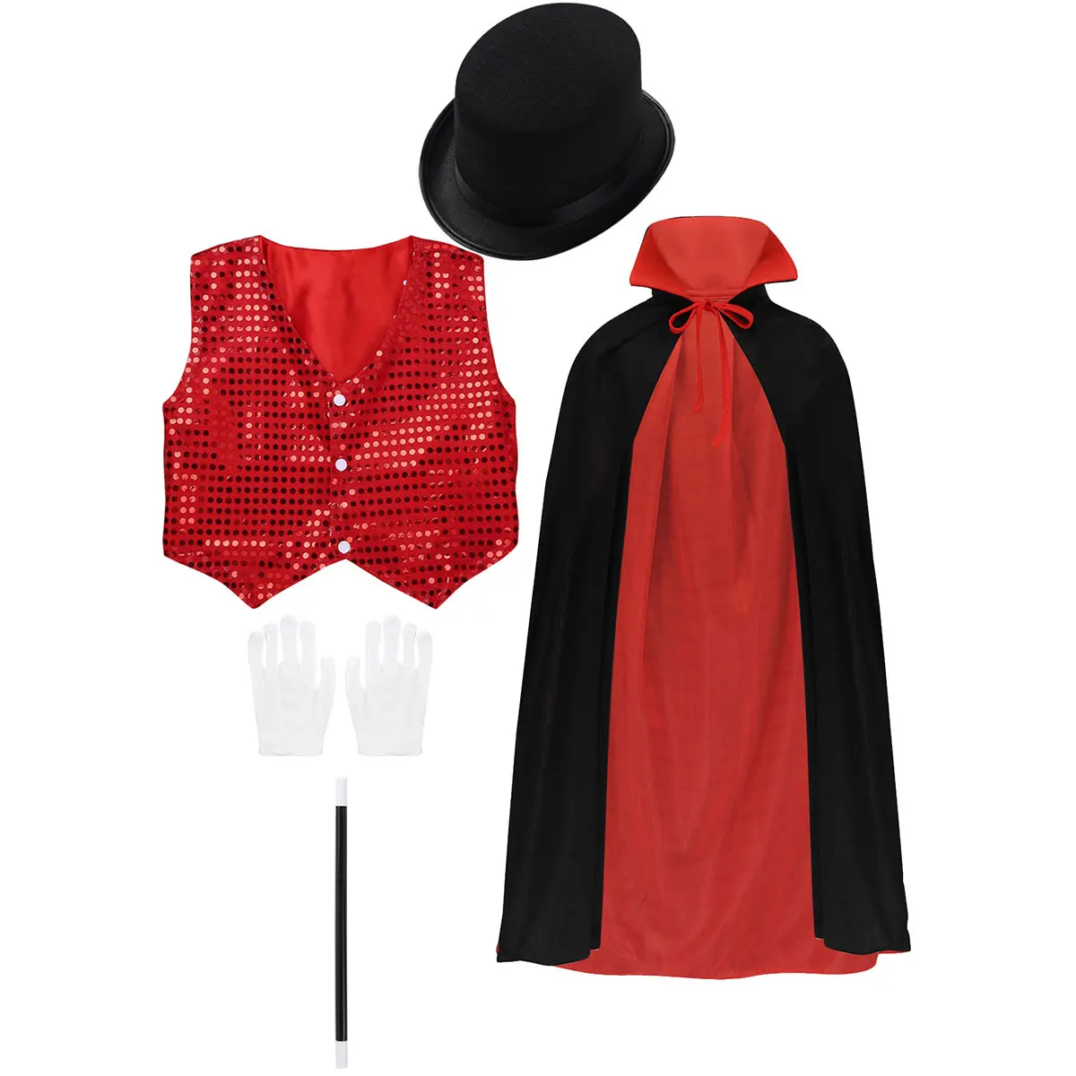 

5Pcs Girls Boys Magician Costume Carnival Halloween Cosplay Vest Cloak Cape Hat Magic Wand Set Role Play Dance Performance Props