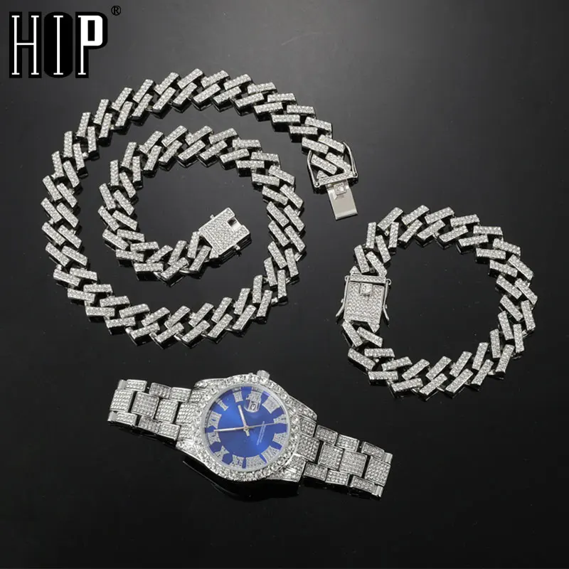 Hip Hop 15MM 3PCS KIT Watch+Necklace+Bracelet Bling Crystal AAA+ Iced Out Rhinestones Prong Cuban Chains For Women Men Jewelry