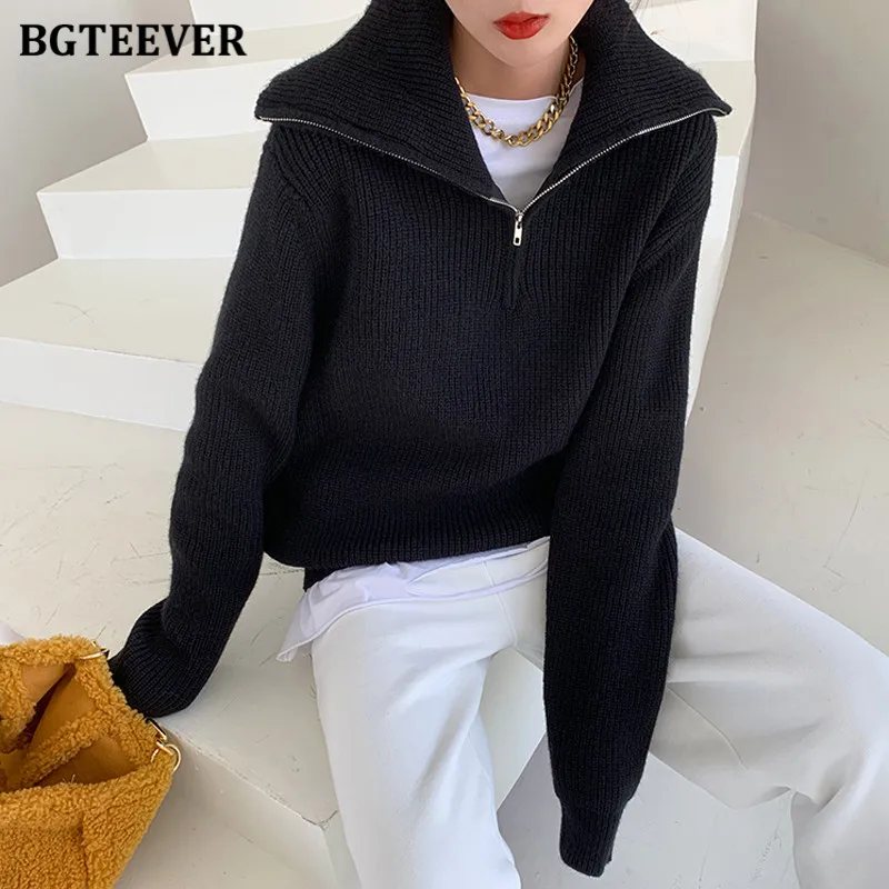 BGTEEVER Fashion Thick Turtleneck Zipper Pullover Sweaters Women Loose Long Sleeve Female Solid Knitting Jumpers Autumn Winter