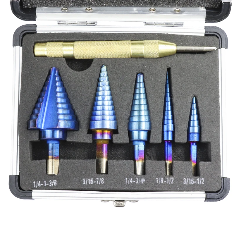 ALLSOME 6Pcs HSS Nano Blue Coated Step Drill Bit With Center Punch Set Hole Cutter Drilling Tool HT2887