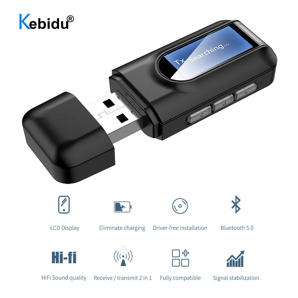 USB Bluetooth Receiver Transmitter Audio Bluetooth 5.0 Adapter For Car PC TV HD HiFi Receptor Wireless Adapter LCD 3.5MM AUX