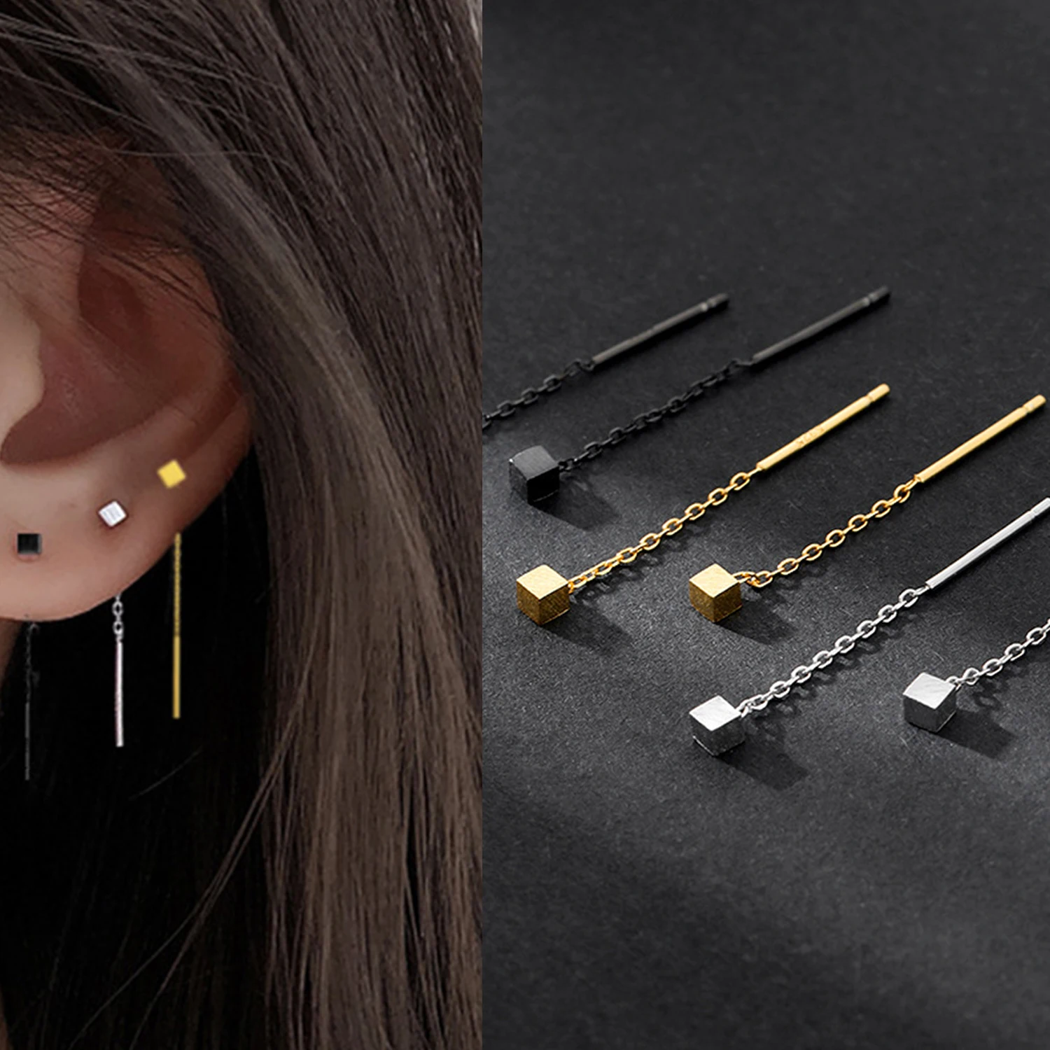 Minimalist  Long Tassel Drop Earrings For Women Black Gold Color Geometric Square Hanging Ear Line Girl Party Jewelry Pendientes