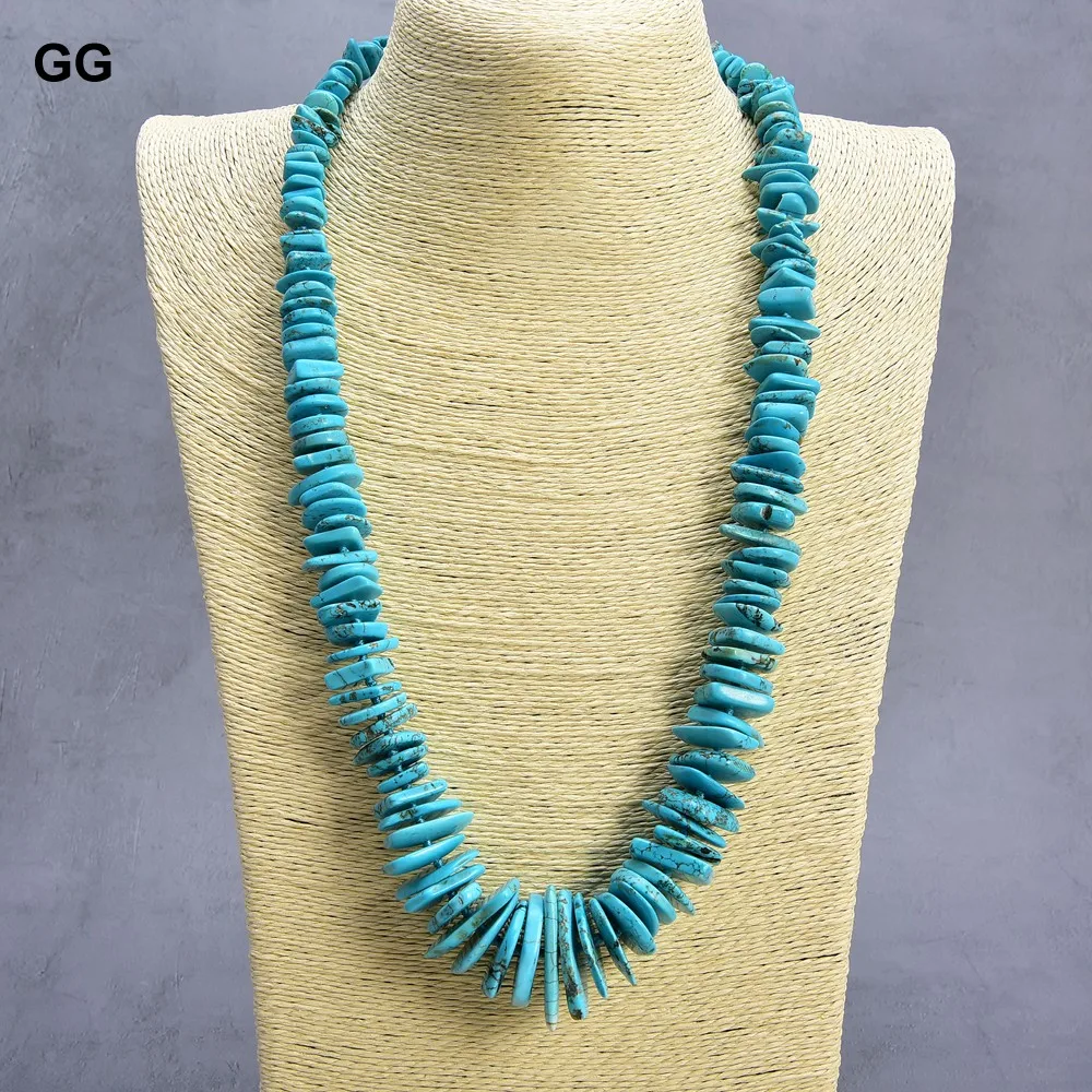 G-G Jewelry 26\'\' Blue Turquoise Gems Stone Necklace 12x23mm Center Drilled Disc Chips