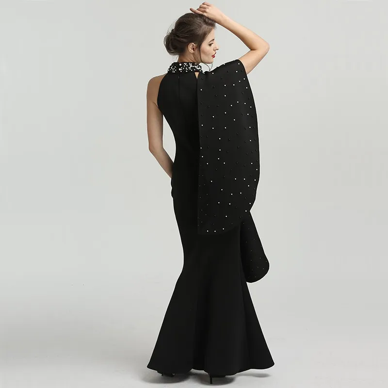 Vestido De noche De sirena con cuello alto y perlas, elegante, sin mangas, largo, Formal, árabe, color negro, 2022