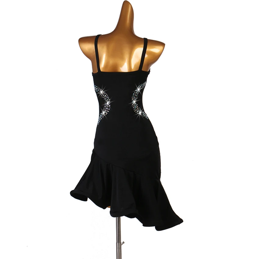Abito da tango con strass Nero Blu navy Linea Abbigliamento da ballo Donna Costume da ballo latino Bretelle Abiti da competizione Samba Nuovo