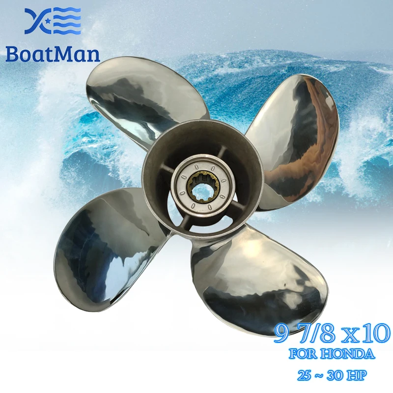 BoatMan® 9 7/8X10 Stainless Steel Propeller For Honda 25HP 30HP Outboard Motor 10 Tooth Engine Boat Accessories 4 Blade RH