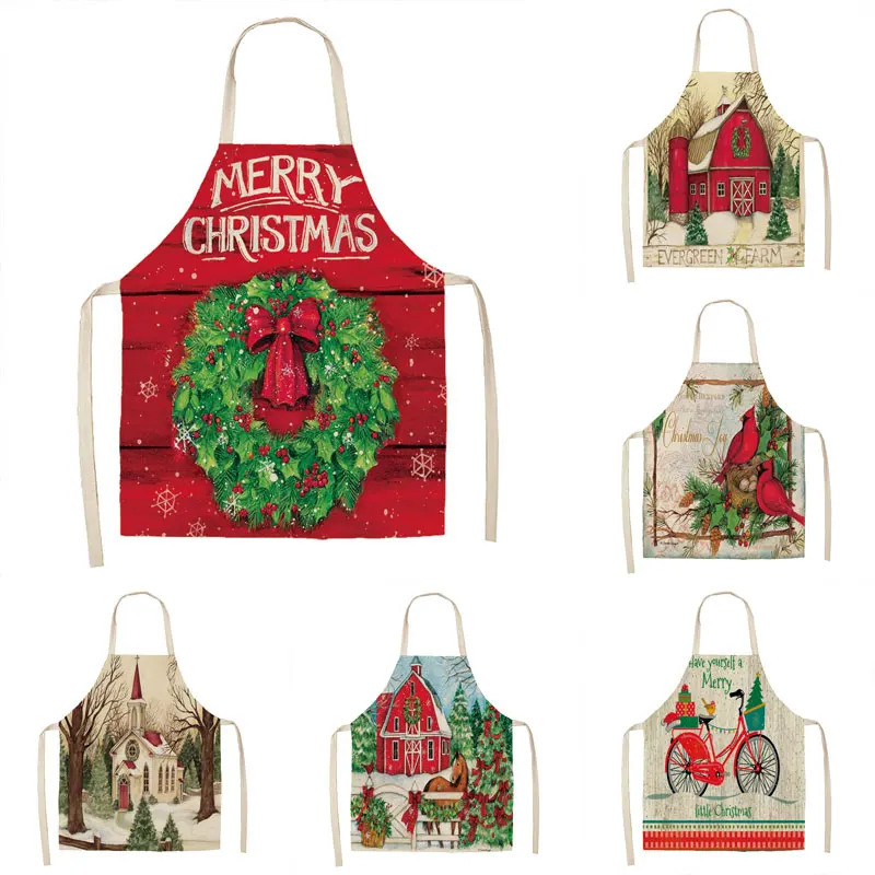 

1Pcs Kitchen Apron Christmas farm Printed Sleeveless Cotton Linen Aprons for Men Women Home Cleaning Tools