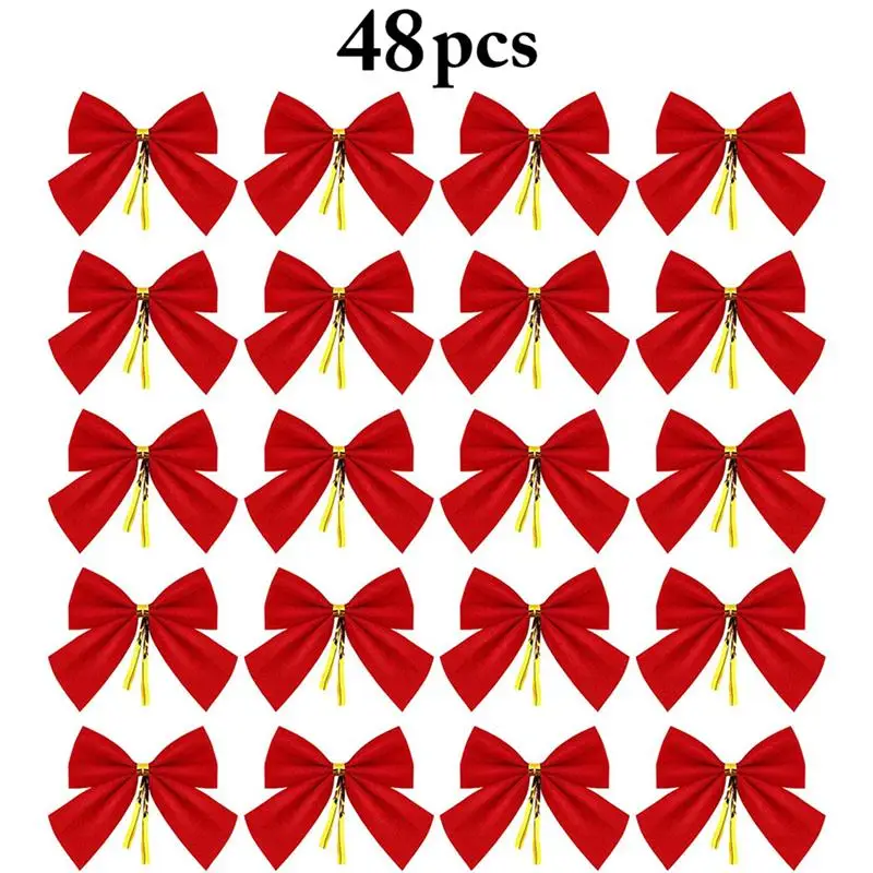 48pcs Small Bow Christmas Tree Decoration Christmas Ornament Bow Party Family Wedding Decoration Gift Bow DIY Christmas Decor