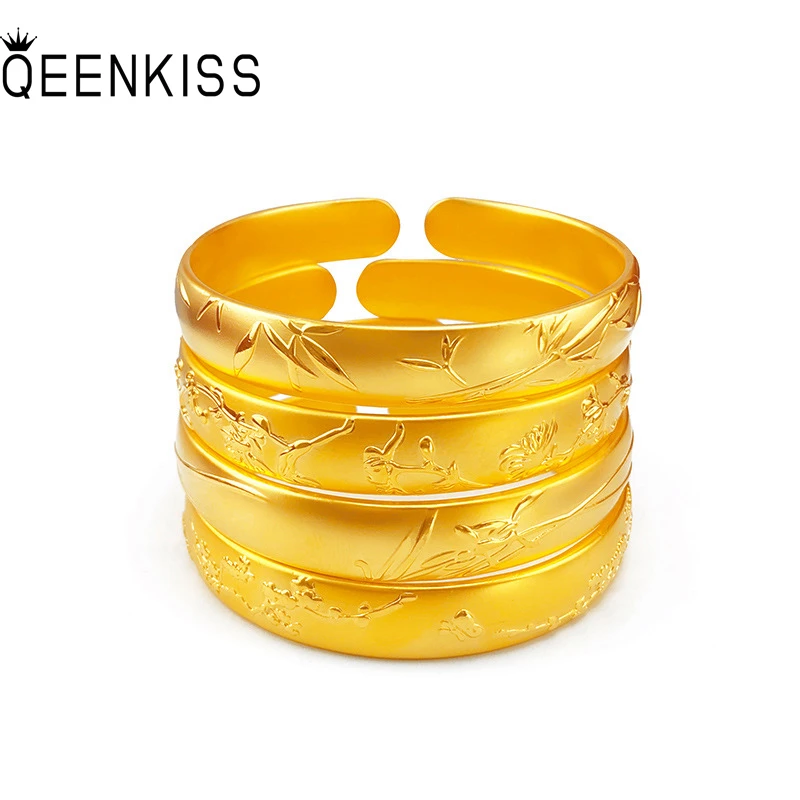 

QEENKISS BT5216 Fine Jewelry Wholesale Fashion Woman Bride Birthday Wedding Gift Plum Orchid Bamboo 24KT Gold Bracelet Bangle