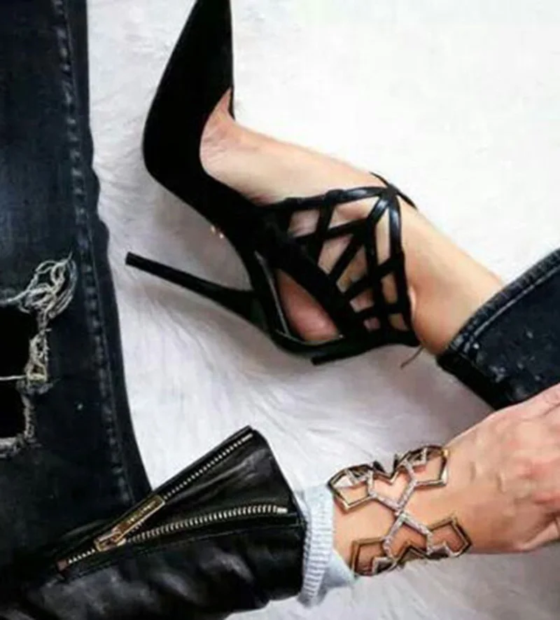 

Women Black Suede High Heels Strappy Shoes Cut-outs Pointed Toe Stiletto Heel Pumps Patchwork Party Dress Shoes