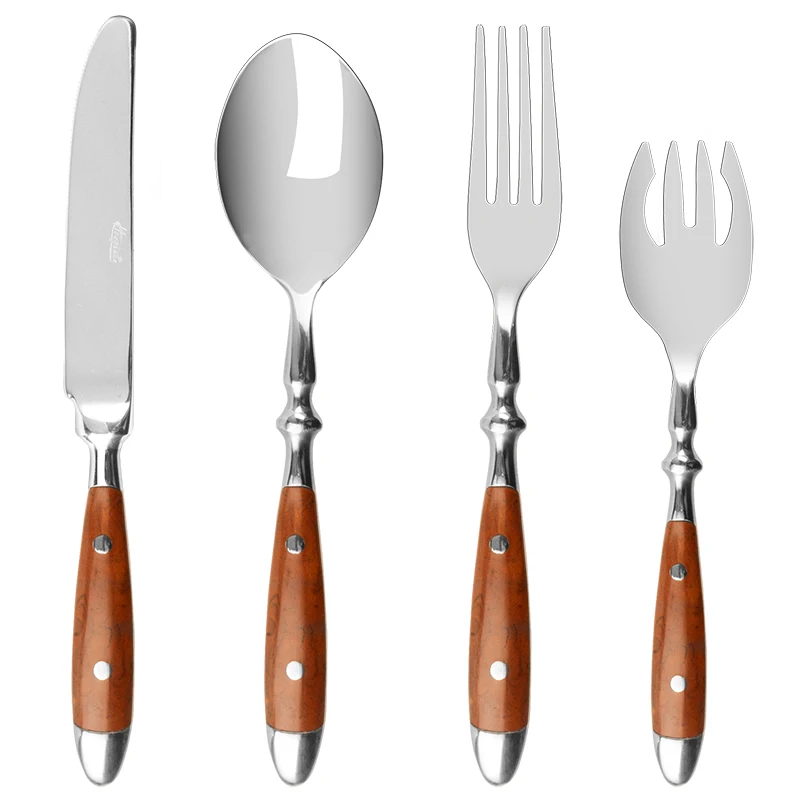 Tableware With Wooden Handle,With Steak Knives Retro Cutlery  Stainless Steel Flatware Cutlery,Set Includes Forks Spoons Knives